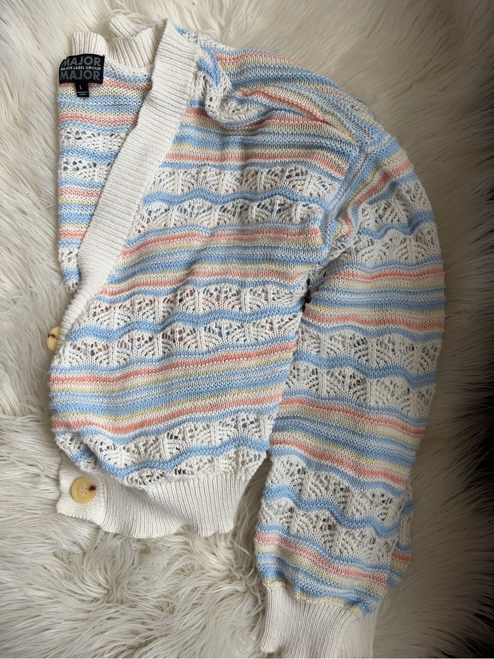 Major Label Group Open-Knit Pastel Stripe Cardigan Sweater